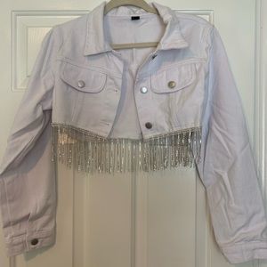 Shein White Fringe Trim Crop Demin Jacket
